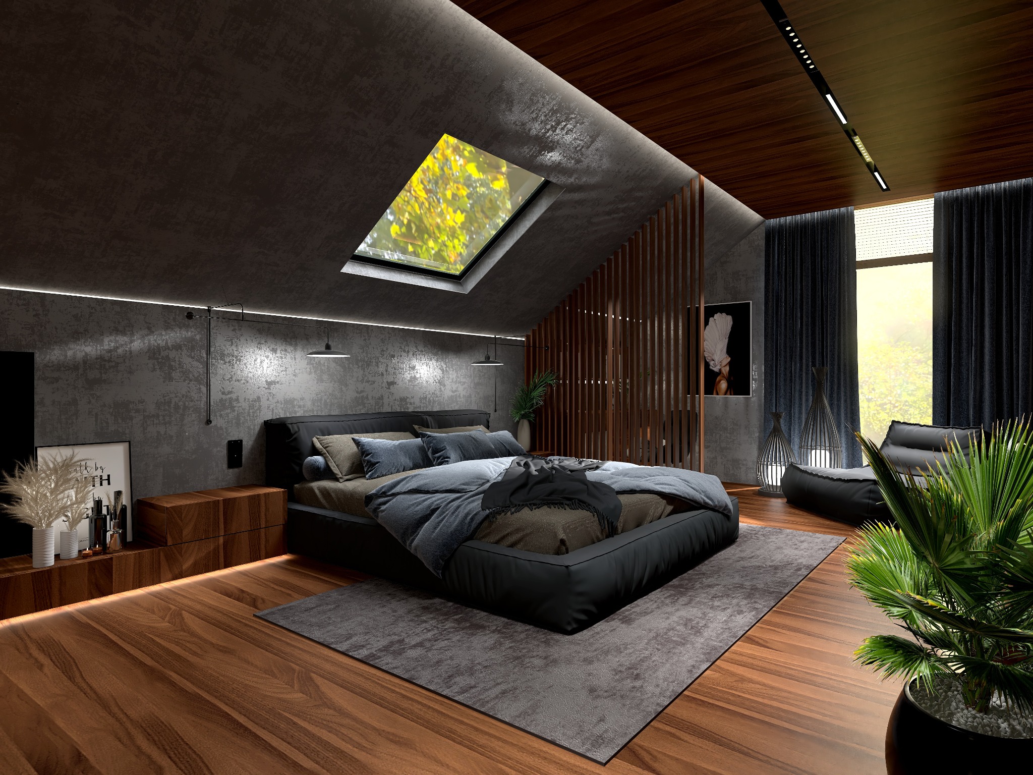 Nowoczesna sypialnia na poddaszu z łóżkiem na niskim podeście, oknem dachowym z widokiem na drzewa i betonową ścianą z oświetleniem punktowym.