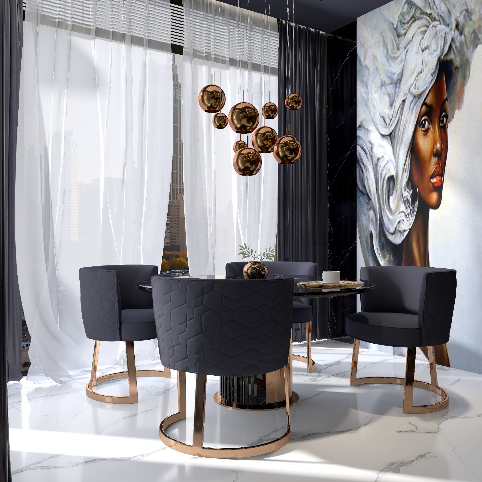 Elegancka jadalnia z okrągłym, czarnym stołem na marmurowej podłodze, otoczona szarymi krzesłami z miedzianymi nogami, oświetlona miedzianym żyrandolem i ozdobiona portretem kobiety na ścianie.