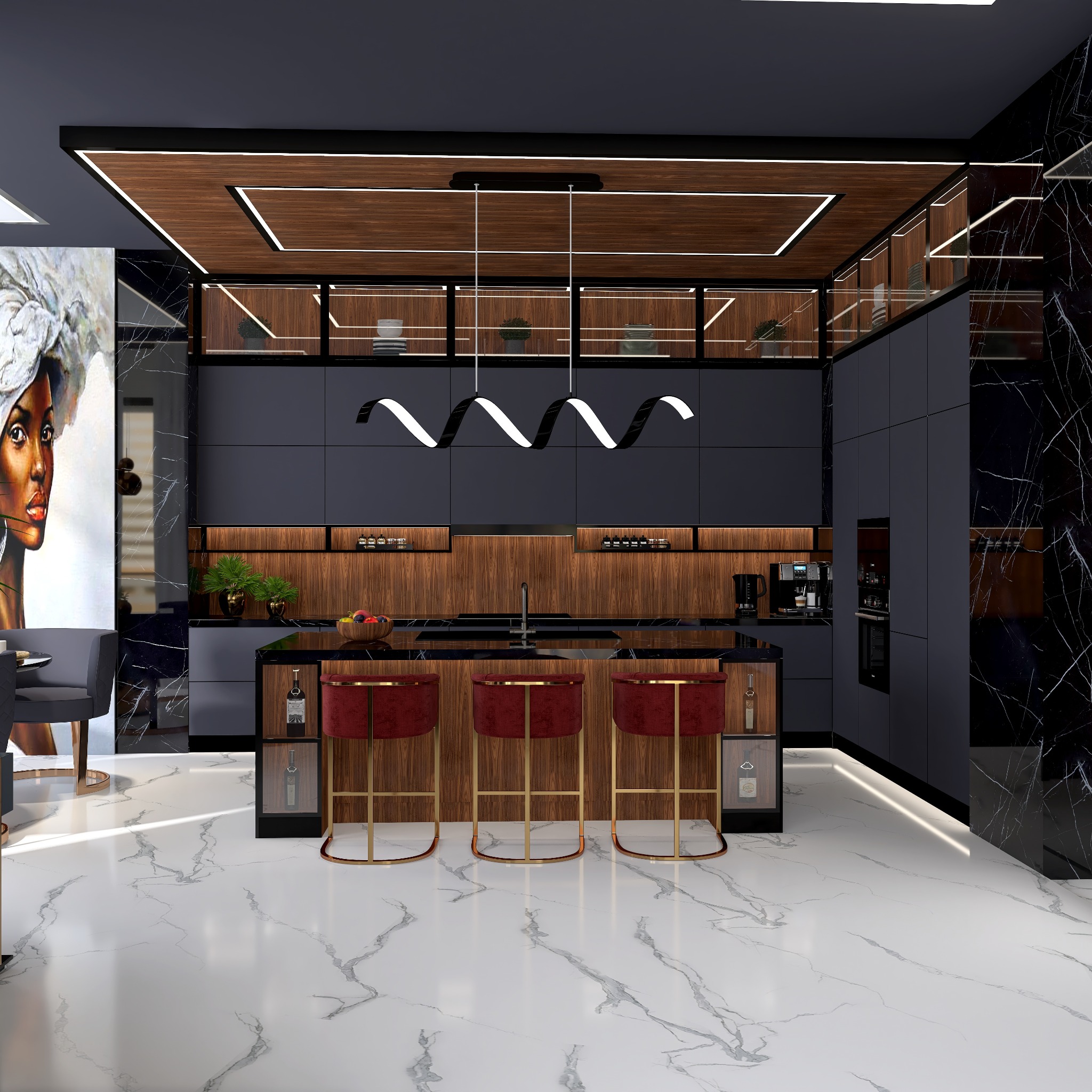 Wizualizacja nowoczesnej kuchni z wyspą, ciemnymi szafkami, drewnianymi akcentami i marmurową podłogą, oświetlona dekoracyjną lampą wiszącą i podświetleniem LED, z obrazem kobiety na ścianie.