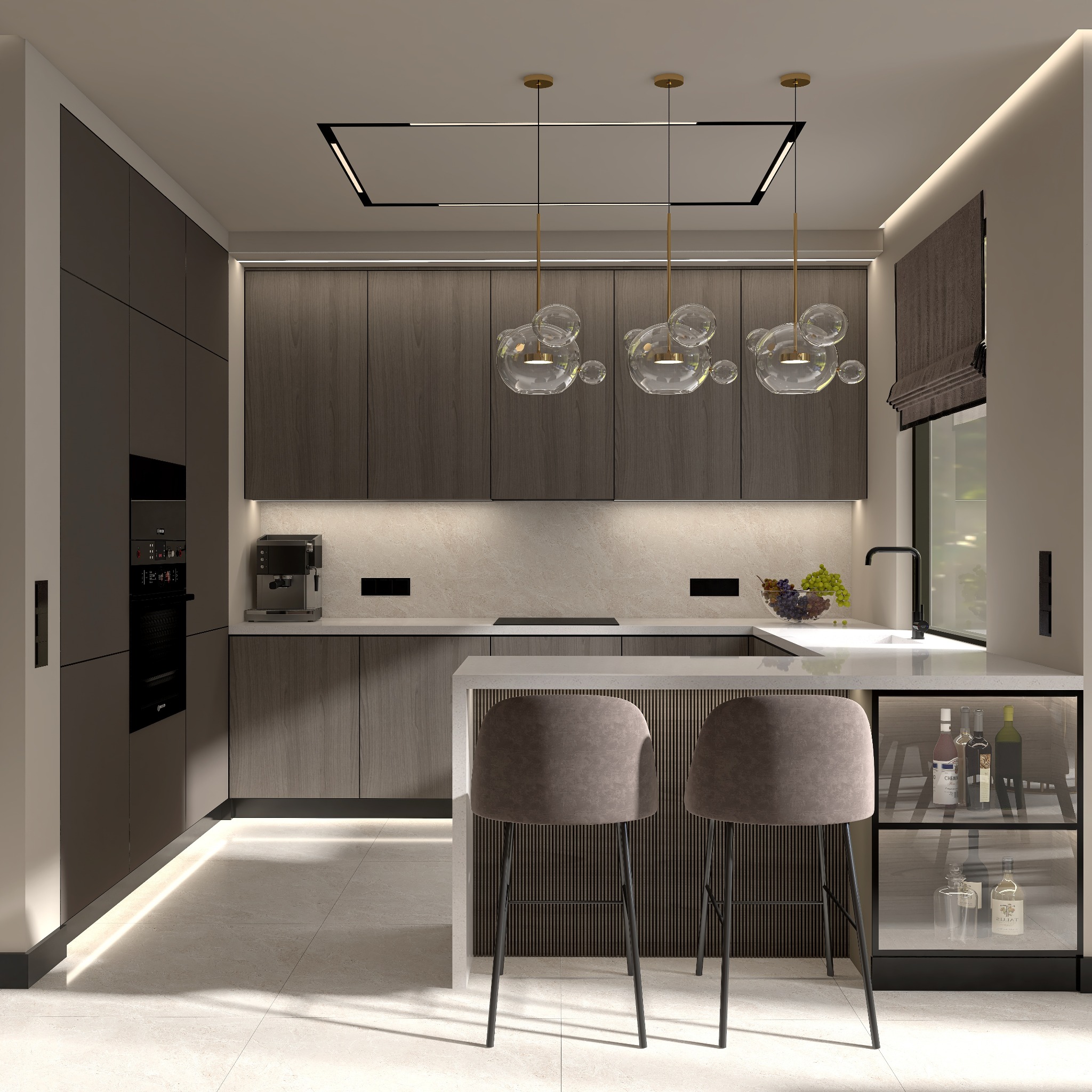 Wizualizacja nowoczesnej kuchni z szarymi frontami szafek, białym blatem, wyspą z dwoma hokerami, przeszkloną witryną z butelkami alkoholu i oryginalnym oświetleniem w postaci szklanych kul.