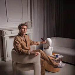 Mężczyzna w piżamie w monogramy siedzi w fotelu, trzymając pióro nad manekinem głowy, obok stolik z magazynami, w tle kominek i sofa.