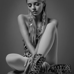 Archon studio fotograficzne Koszalin - Monochromatyczne, studyjne ujęcie modelki w stylizacji panterkowej: top, buty sznurowane, opaska i biżuteria. Modelka siedzi na pufie, spoglądając w dół.