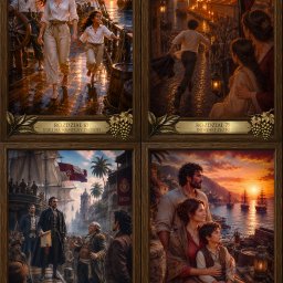 Archon studio fotograficzne Koszalin - Cztery szczegółowe ilustracje cyfrowe w ozdobnych ramach, każda z tytułem rozdziału, ukazujące sceny z morskich podróży i historycznych wydarzeń, w tym pożar portu i spotkanie w Goa.