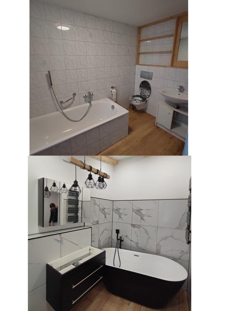 Porównanie starej i nowej łazienki: górna część ukazuje białą wannę i toaletę z wzorzystą deską, dolna część prezentuje nowoczesną czarno-białą aranżację z wolnostojącą wanną i minimalistycznymi...