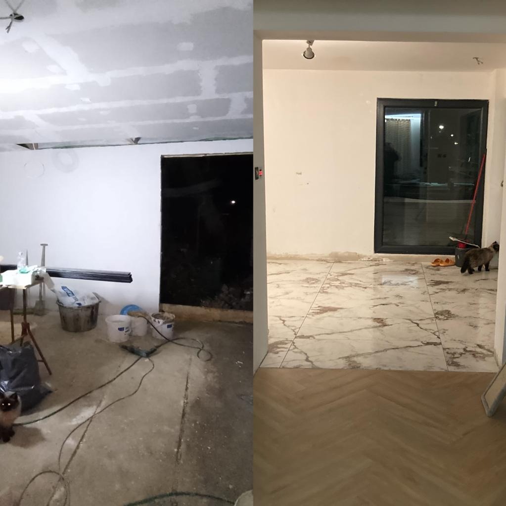 Porównanie stanu pokoju przed i po remoncie: surowy beton i płyty karton-gips na suficie kontra marmurowe płytki, parkiet w jodełkę i świeżo pomalowane ściany, z kotem obecnym na obu etapach.