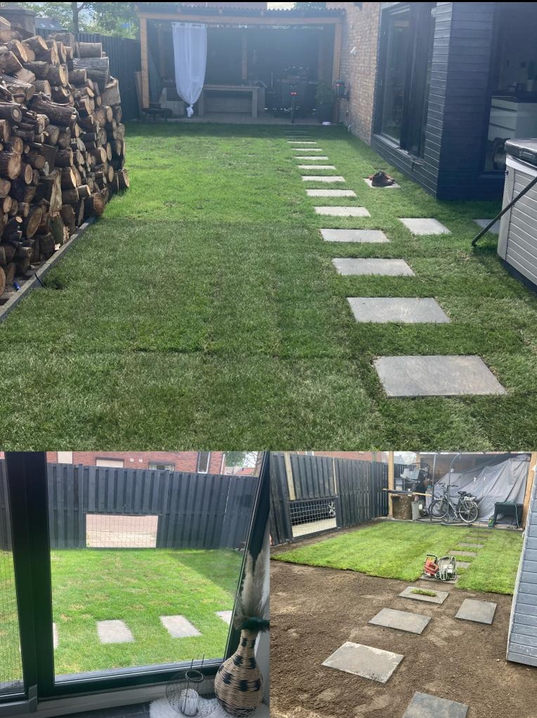 Ułożony trawnik z kamienną ścieżką w ogrodzie, widok na drewno do kominka i zadaszone miejsce do siedzenia, na dole zdjęcia fragment ogrodu w trakcie zakładania z widocznymi narzędziami.