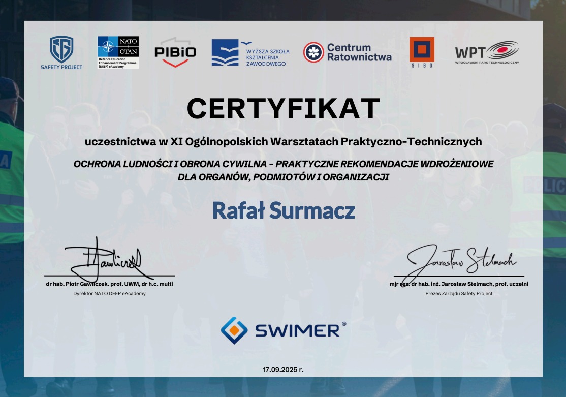 Certyfikat uczestnictwa w warsztatach praktyczno-technicznych Ochrony Ludności i Obrony Cywilnej dla Rafała Surmacza, sygnowany przez dyrektora NATO DEEP eAcademy.