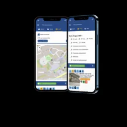 Dwa smartfony wyświetlające interfejs aplikacji mobilnej z mapą i wynikami wyszukiwania atrakcji turystycznych w Andorze, z opcjami filtrowania po tagach i lokalizacji.