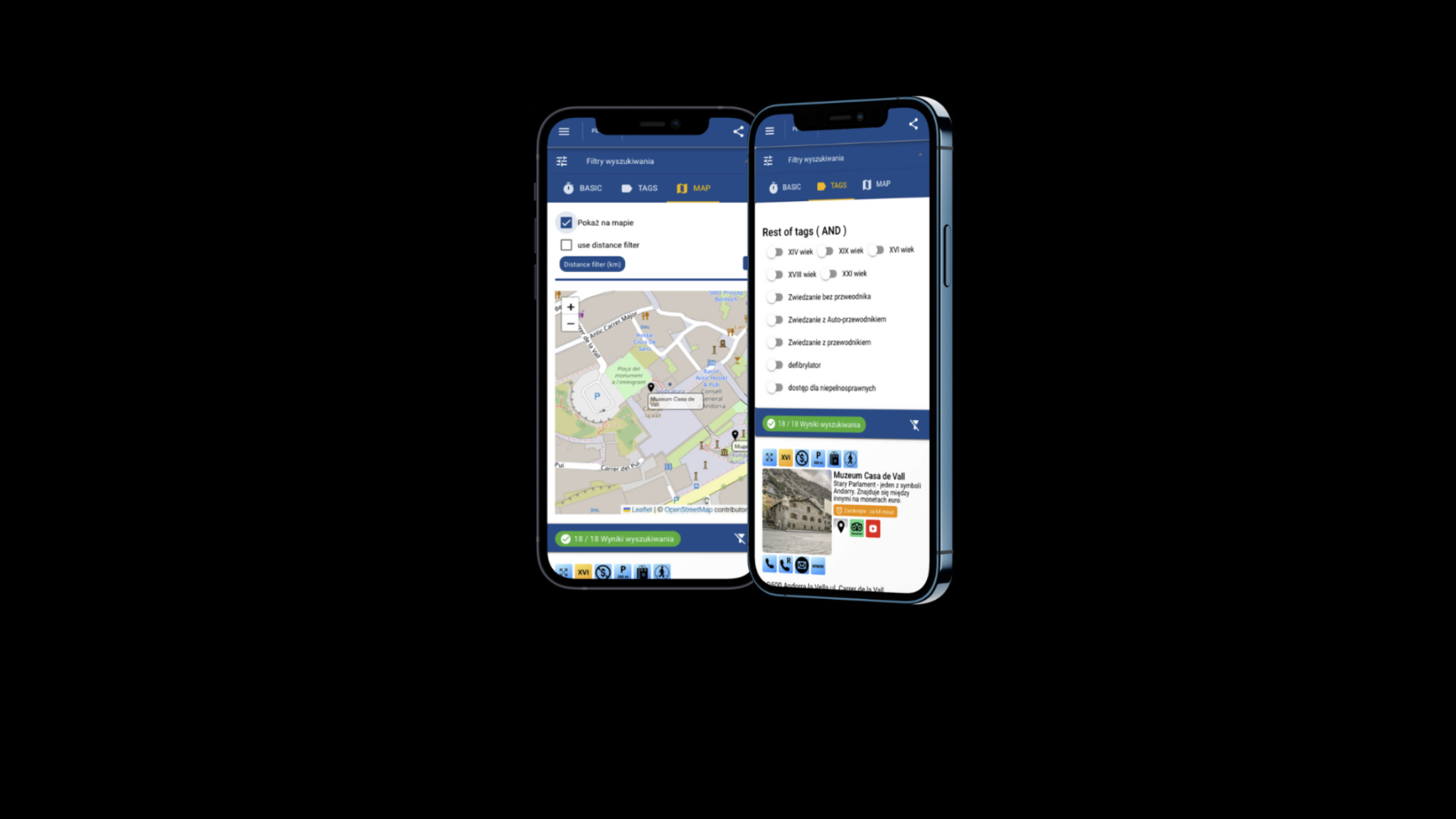 Dwa smartfony wyświetlające interfejs aplikacji mobilnej z mapą i wynikami wyszukiwania atrakcji turystycznych w Andorze, z opcjami filtrowania po tagach i lokalizacji.