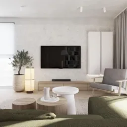 Jasne wnętrze salonu z telewizorem, rośliną w doniczce, drewnianymi stolikami kawowymi i szarą sofą z poduszkami, oświetlone światłem dziennym wpadającym przez okno z zasłonami.