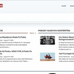 Strona główna portalu informacyjnego radiopopiatej.com z logo Radia Po Piątej w lewym górnym rogu, sekcjami najnowszych publikacji i porad ekspertów oraz odtwarzaczem audio.