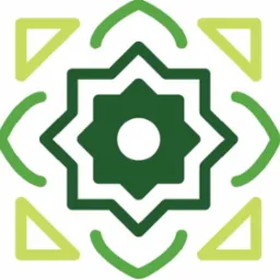 Abstrakcyjne logo: ciemnozielona ośmioramienna gwiazda z białym obramowaniem i centralnym białym okręgiem, otoczona jaśniejszymi zielonymi łukami i trójkątami na białym tle.