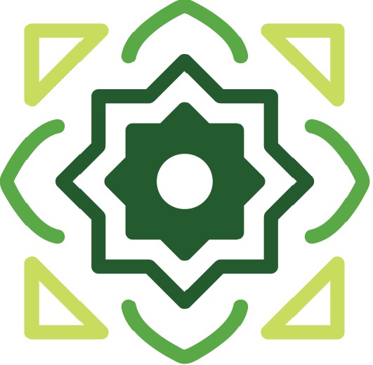 Abstrakcyjne logo: ciemnozielona ośmioramienna gwiazda z białym obramowaniem i centralnym białym okręgiem, otoczona jaśniejszymi zielonymi łukami i trójkątami na białym tle.