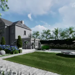 Wizualizacja ogrodu przydomowego z basenem, trawnikiem, rabatami kwiatowymi i ścieżką z kostki brukowej, z widocznym budynkiem mieszkalnym w tle.