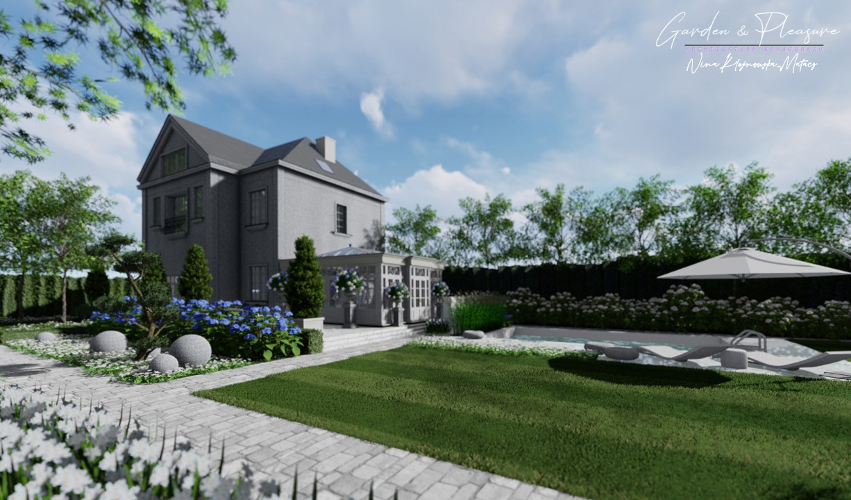 Wizualizacja ogrodu przydomowego z basenem, trawnikiem, rabatami kwiatowymi i ścieżką z kostki brukowej, z widocznym budynkiem mieszkalnym w tle.