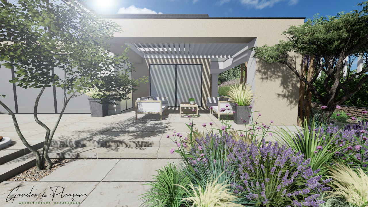 Nowoczesny taras z pergolą i meblami ogrodowymi, otoczony kwitnącą lawendą i ozdobnymi trawami, z logo firmy Garden & Pleasure w lewym dolnym rogu.