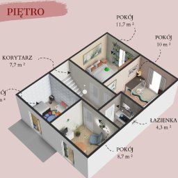 Osa Nieruchomości - Rzut 3D piętra domu z zaznaczonymi pokojami, korytarzem i łazienką, przedstawiony z perspektywy izometrycznej.