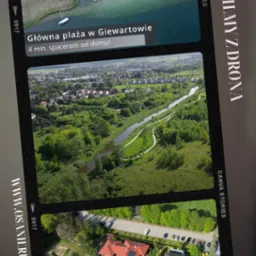 Kompozycja trzech ujęć z drona prezentujących Giewartów: plaża nad jeziorem, krajobraz z rzeką i ścieżkami spacerowymi, oraz widok z góry na zagospodarowaną działkę z domem o powierzchni 1200 m2...