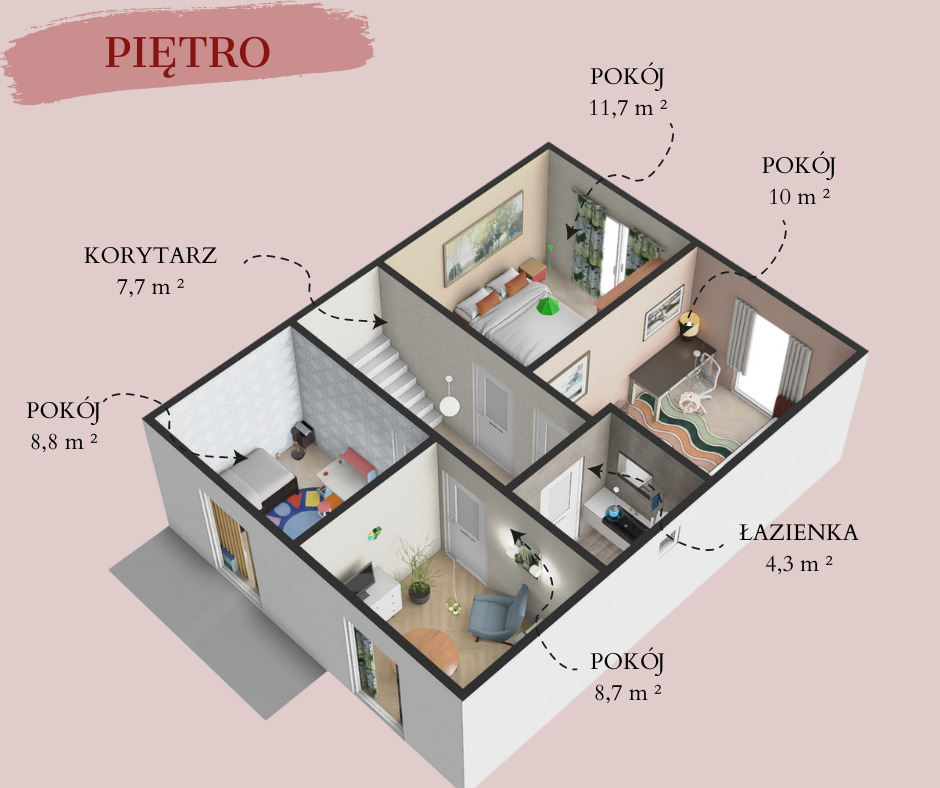 Rzut 3D piętra domu z zaznaczonymi pokojami, korytarzem i łazienką, przedstawiony z perspektywy izometrycznej.