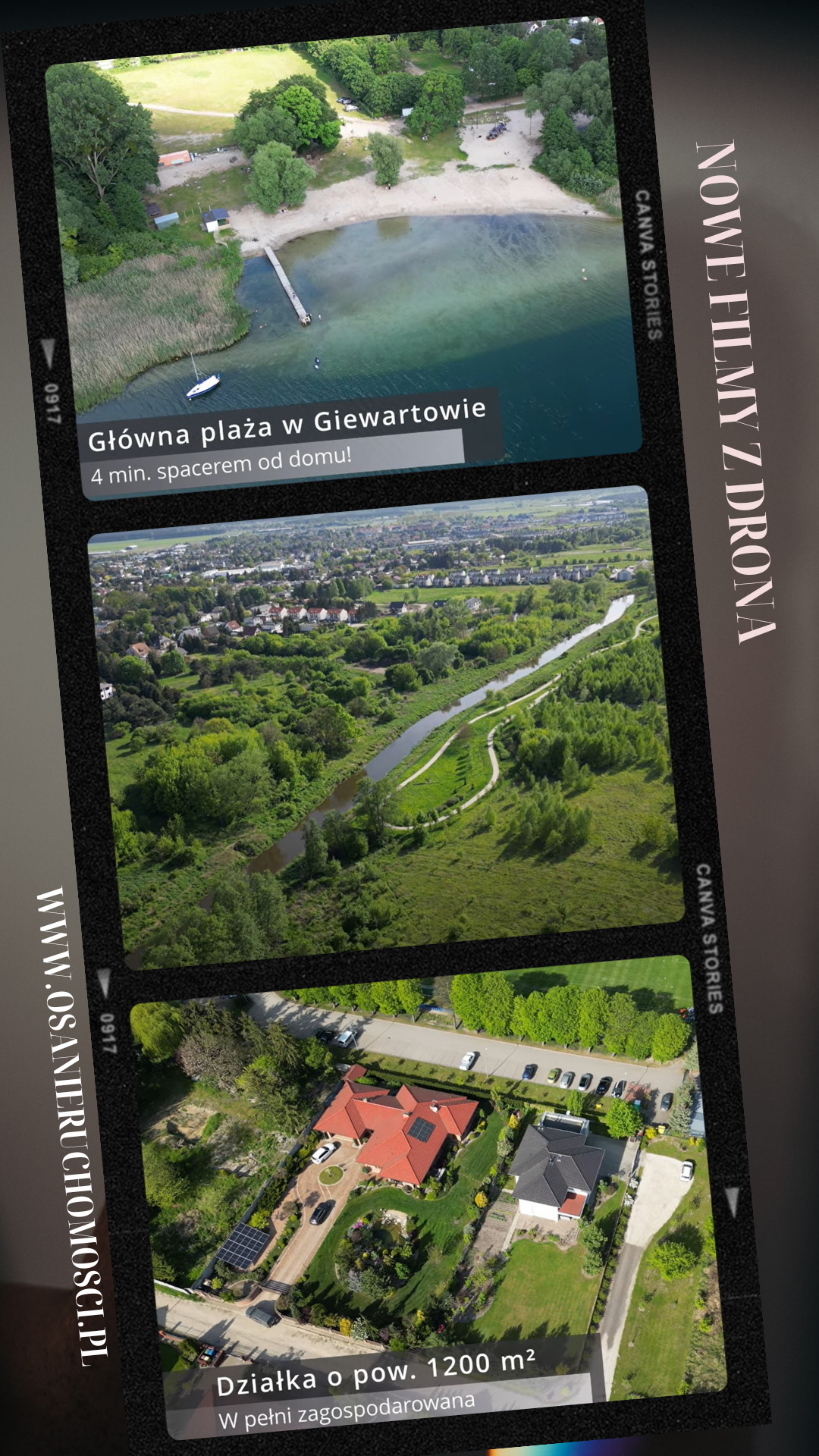 Kompozycja trzech ujęć z drona prezentujących Giewartów: plaża nad jeziorem, krajobraz z rzeką i ścieżkami spacerowymi, oraz widok z góry na zagospodarowaną działkę z domem o powierzchni 1200 m2...