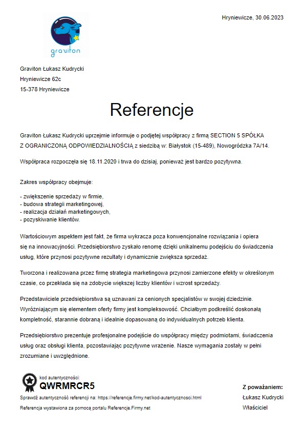 Referencje od Graviton Łukasz Kudrycki