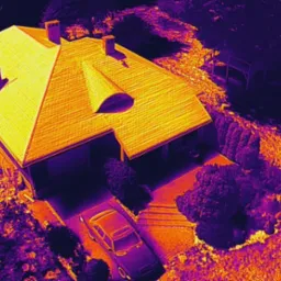 Termowizyjne zdjęcie z lotu ptaka domu jednorodzinnego z samochodem na podjeździe i ogrodem, ukazujące rozkład temperatur.