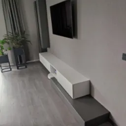 Nowoczesny salon z szarą podłogą, białą szafką RTV i czarnym telewizorem na ścianie, uzupełniony o wysokie głośniki i rośliny doniczkowe.