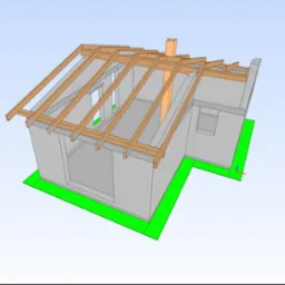 Wizualizacja 3D budynku jednorodzinnego w trakcie budowy, prezentująca stan surowy otwarty z widoczną konstrukcją więźby dachowej i komina, osadzona na zielonym fundamencie.
