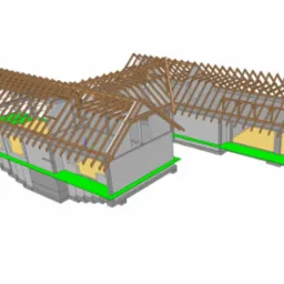 Projekt 3D domu stodoły w Łazach: fundamenty, ściany murowane, stropy żelbetowe monolityczne i drewniana więźba w układzie mieszanym. Widok z lotu ptaka.