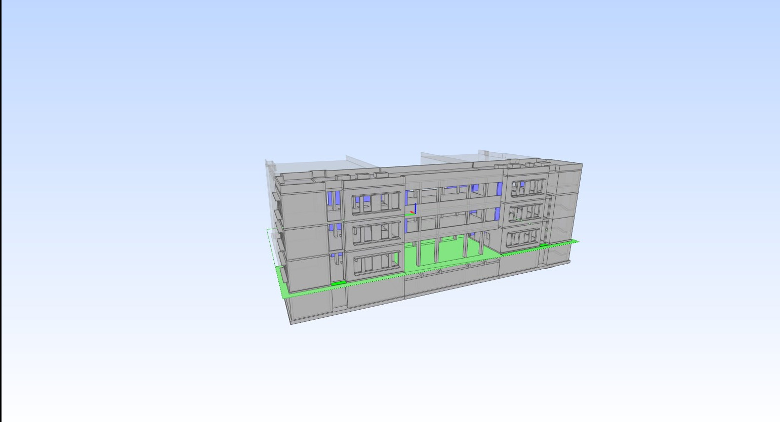 Wizualizacja 3D koncepcji rozbudowy Wydziału Chemii UJ w Krakowie, prezentująca bryłę budynku z zaznaczonymi elementami konstrukcji żelbetowej, takimi jak płyta fundamentowa, ściany monolityczne...