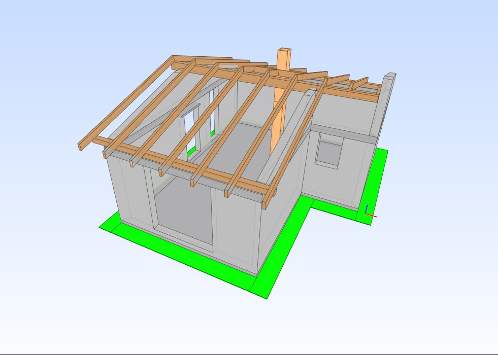 Wizualizacja 3D budynku jednorodzinnego w trakcie budowy, prezentująca stan surowy otwarty z widoczną konstrukcją więźby dachowej i komina, osadzona na zielonym fundamencie.