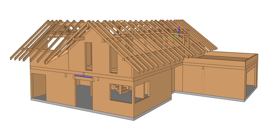 Wizualizacja 3D domu szkieletowego w trakcie budowy: płyta fundamentowa, drewniane ściany, więźba krokwiowo-płatwiowa. Projekt z lipca 2024.