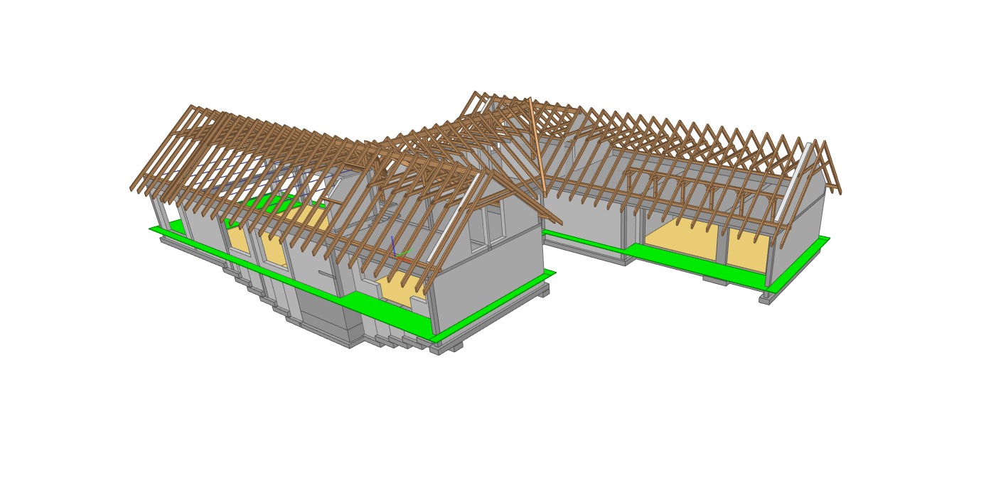 Projekt 3D domu stodoły w Łazach: fundamenty, ściany murowane, stropy żelbetowe monolityczne i drewniana więźba w układzie mieszanym. Widok z lotu ptaka.