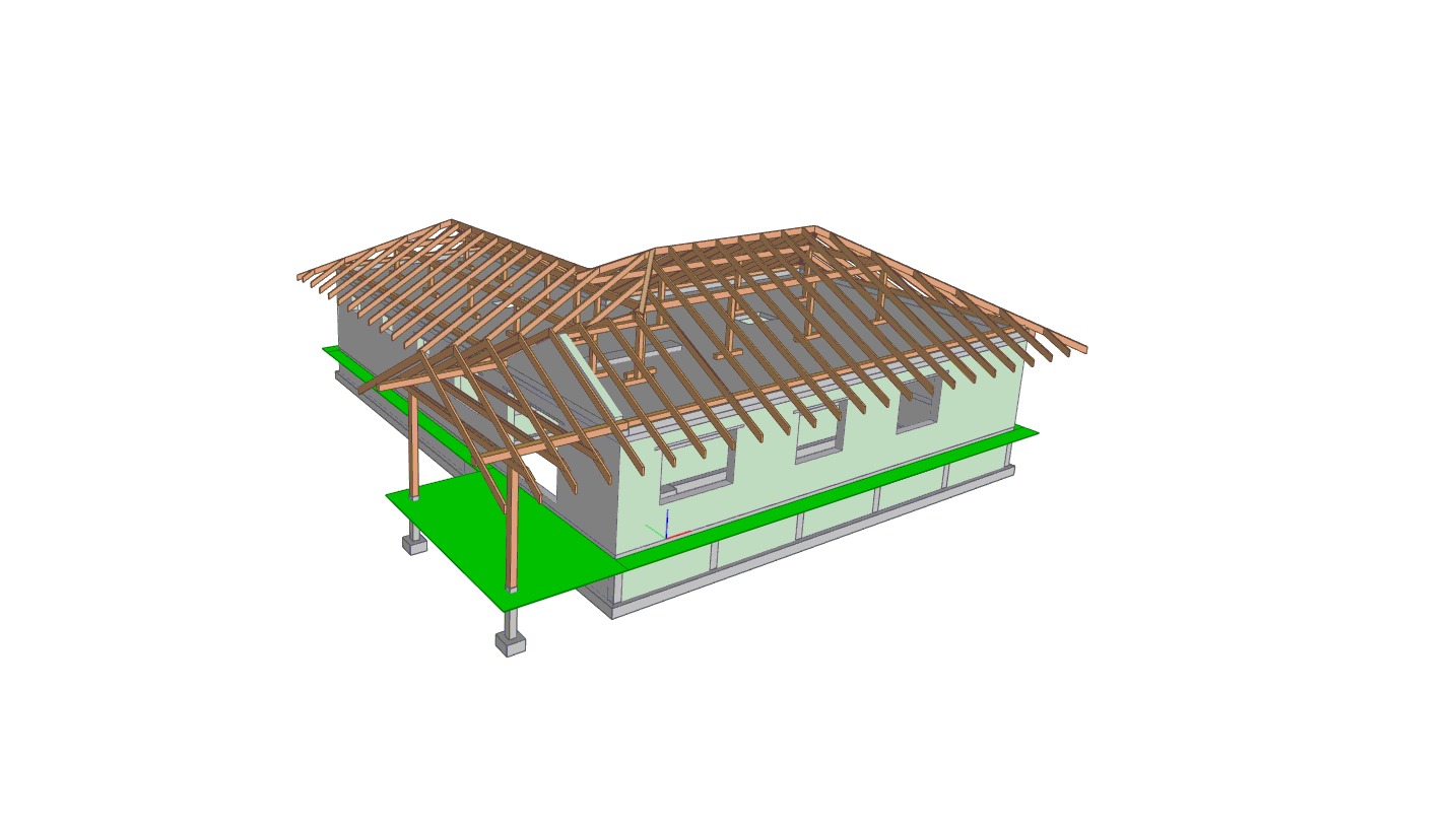 Wizualizacja 3D domu jednorodzinnego w trakcie budowy. Widoczne fundamenty, ściany, stropy żelbetowe i więźba drewniana. Projekt z grudnia 2024.
