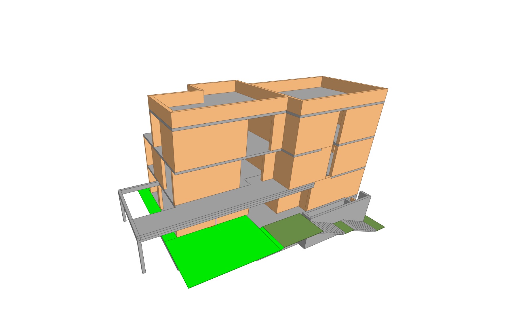 Trójwymiarowy model bliźniaczego, trzypiętrowego budynku mieszkalnego z żelbetową płytą fundamentową i monolitycznymi stropami, prezentowany w jasnym otoczeniu.
