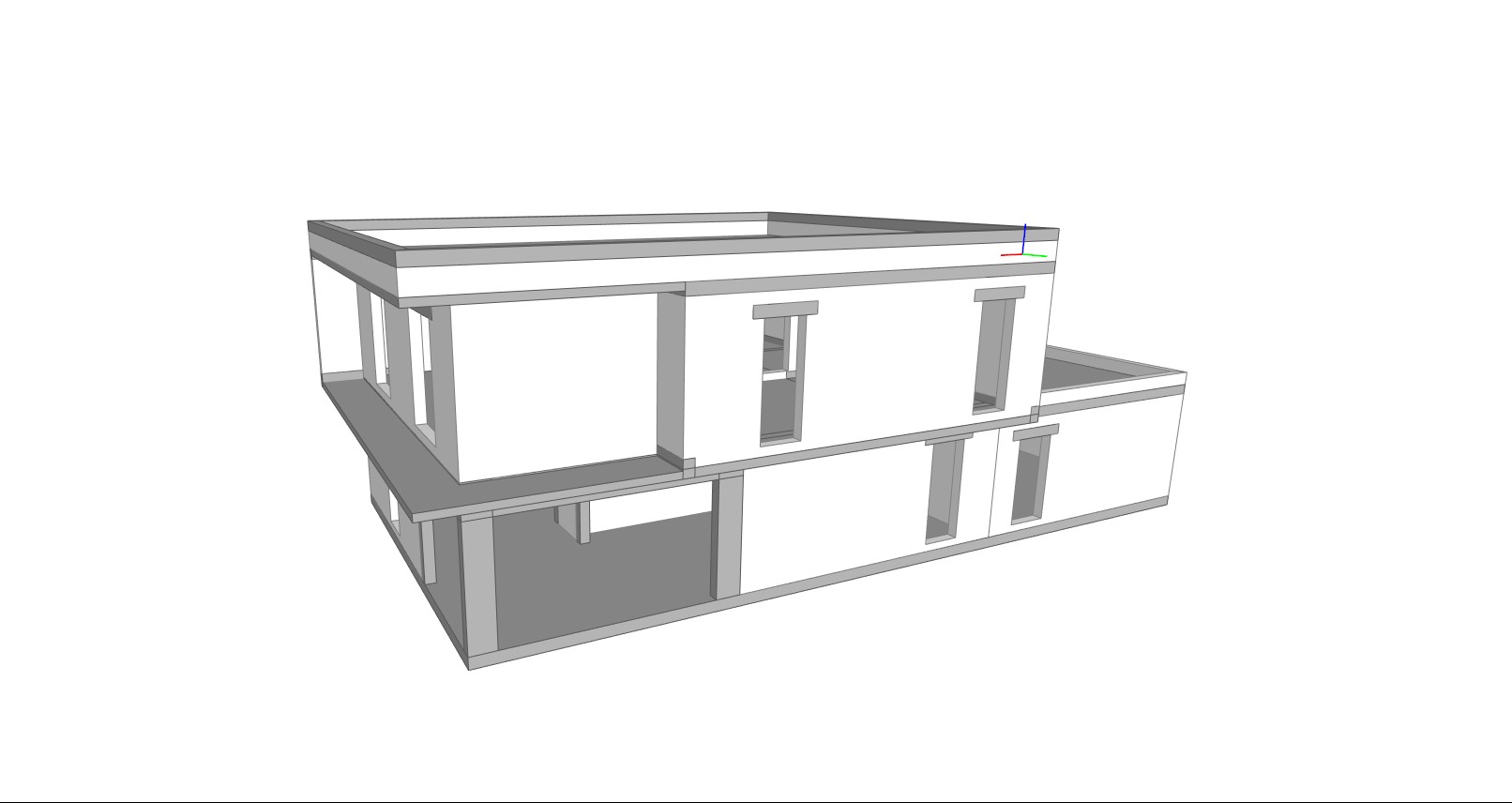 Model 3D dwukondygnacyjnego domu jednorodzinnego z płaskim dachem, z widocznymi otworami okiennymi i fragmentami ścian. Widok z boku, w neutralnej kolorystyce.