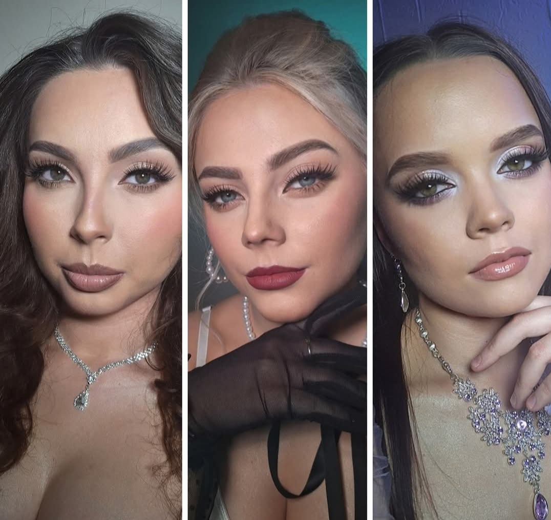 Kolaż portretów trzech kobiet z różnym makijażem: naturalny, klasyczny z czerwoną szminką i srebrny, wieczorowy. Elegancka biżuteria i stylizacje dopełniają wizerunek.