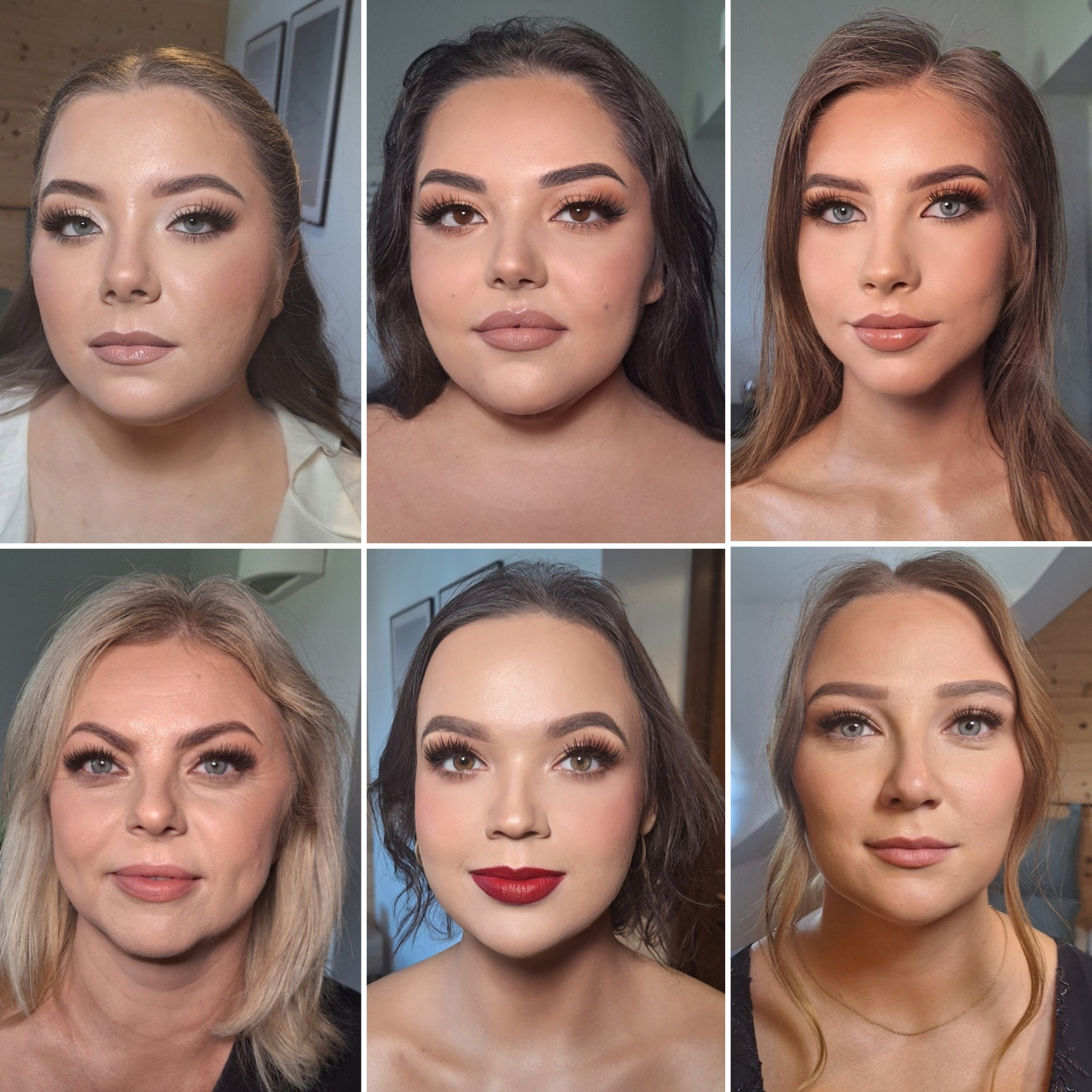 Kolaż sześciu portretów kobiet z różnym makijażem: naturalny, wieczorowy z czerwonymi ustami, podkreślone oczy i brwi, różne karnacje i kolory włosów.