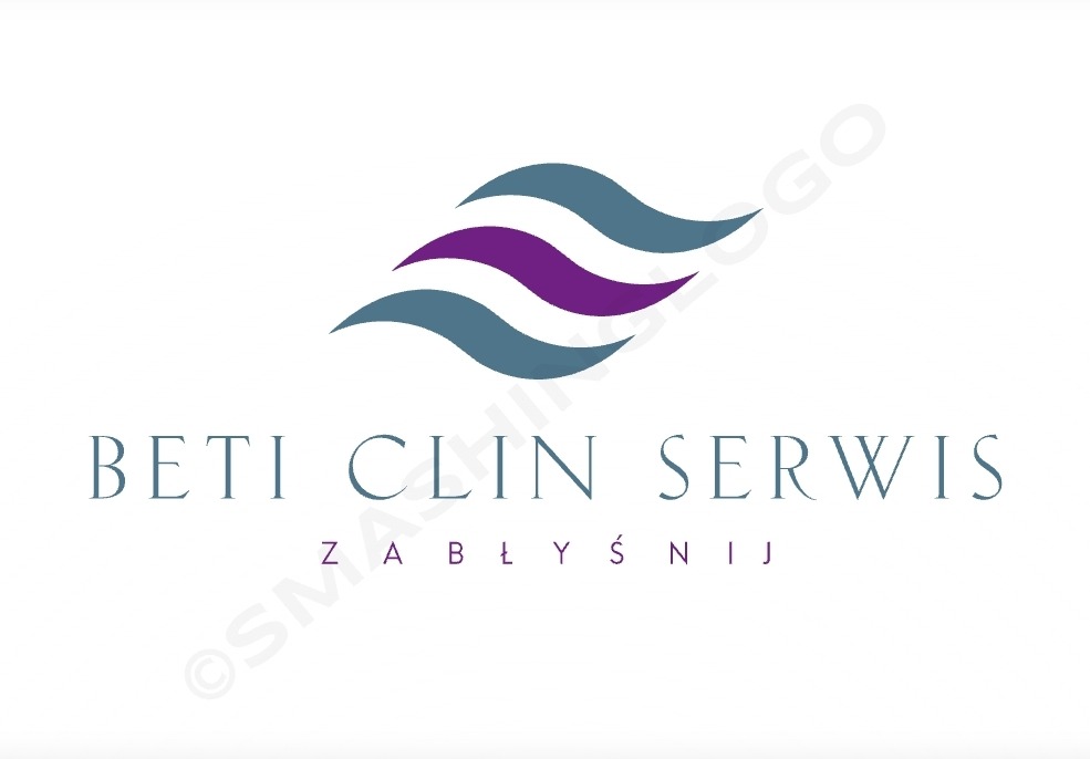 Logo firmy Beti Clin Serwis z trzema stylizowanymi falami w kolorach szarym i fioletowym oraz hasłem 'Zabłyśnij'.