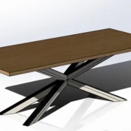 Wizualizacja 3D stołu z drewnianym blatem i metalową podstawą w kształcie gwiazdy, rzucającego cień na białe tło.