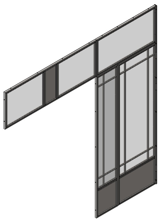 Schematyczny model 3D konstrukcji stalowej z podziałem na panele, ukazujący jej układ przestrzenny i detale połączeń.