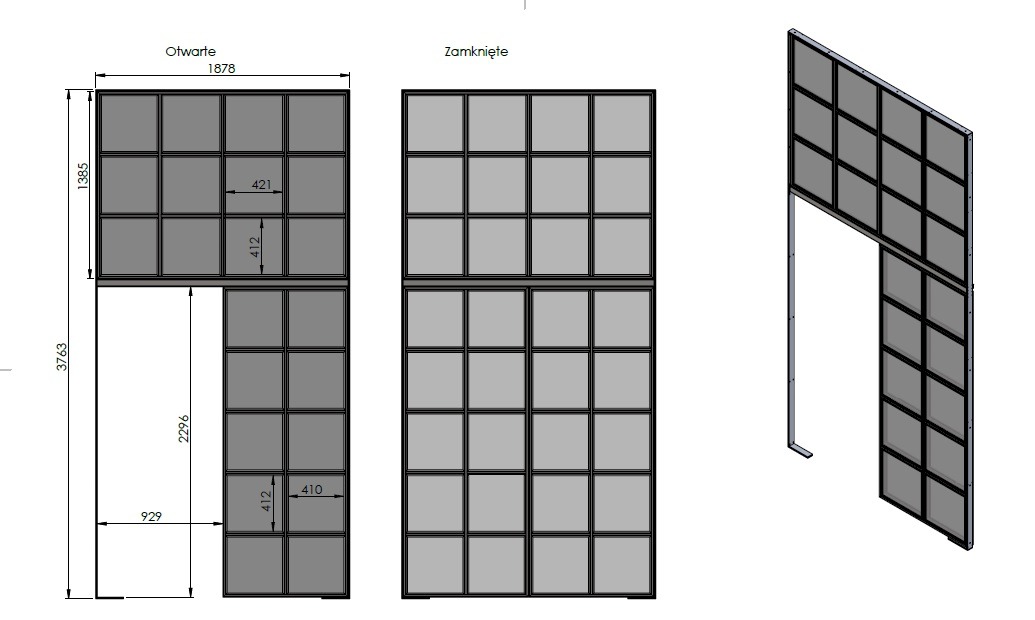 Schemat techniczny stalowej konstrukcji przesuwnej z podziałem na kwadratowe segmenty, widok otwarty, zamknięty i perspektywiczny z wymiarami.