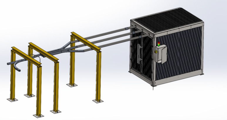 Wizualizacja 3D hali z konstrukcją stalową wspierającą rurociągi, zakończoną dużą szafą z panelem sterowania i sygnalizacją świetlną.