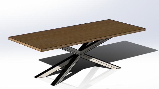 Wizualizacja 3D stołu z drewnianym blatem i metalową podstawą w kształcie gwiazdy, rzucającego cień na białe tło.