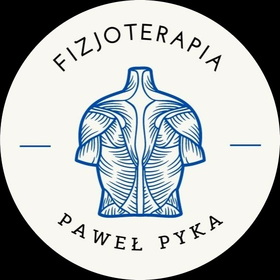 Logo z napisem 'Fizjoterapia Paweł Pyka' i schematycznym rysunkiem mięśni pleców w kolorze niebieskim na kremowym tle w okręgu.