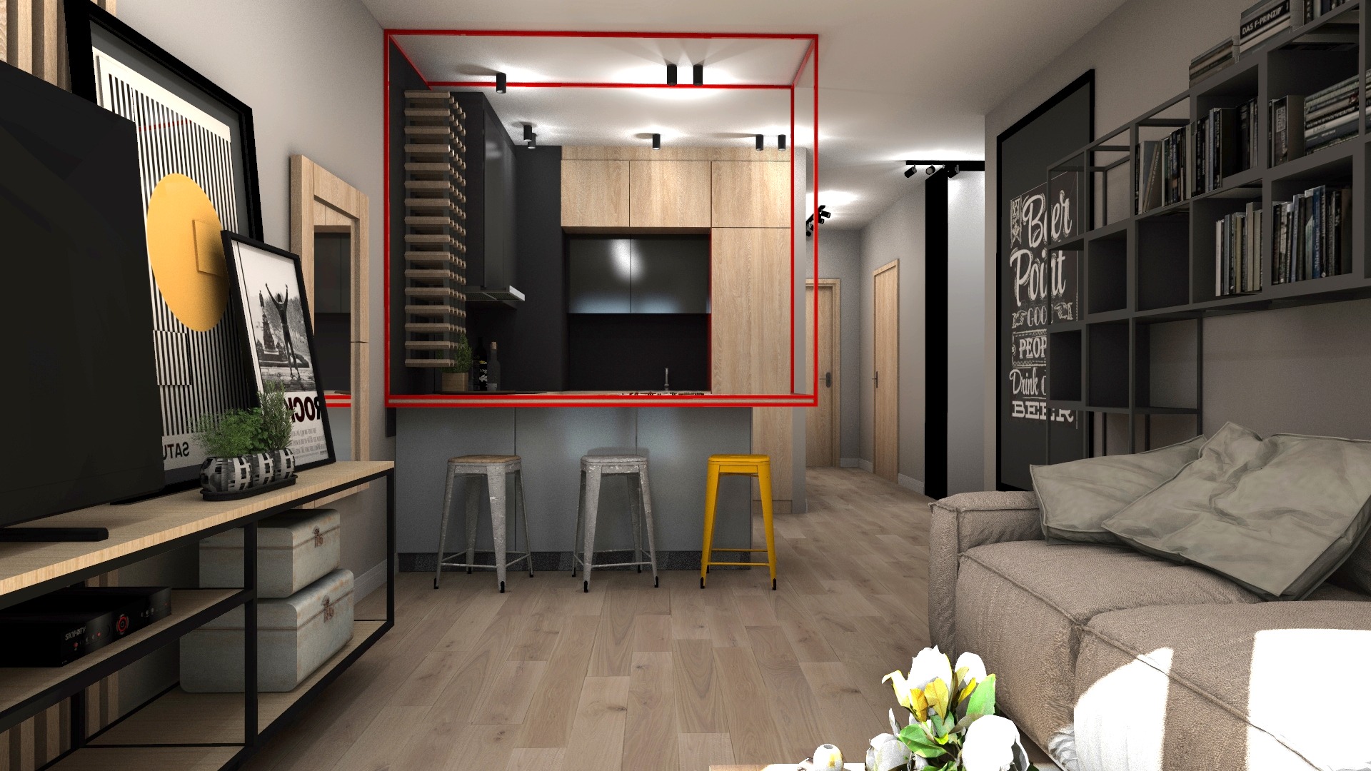 Wizualizacja wnętrza: salon z aneksem kuchennym w nowoczesnym stylu, z drewnianą podłogą, szarą sofą, czarną ścianą z półkami na książki i aneksem kuchennym z drewnianymi i czarnymi szafkami.