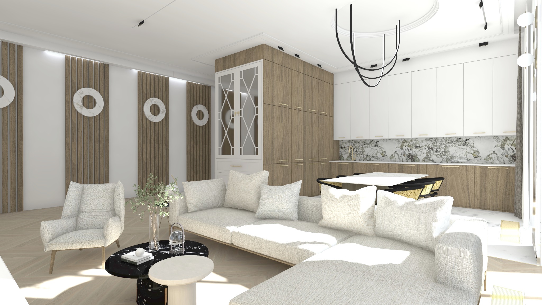 Wizualizacja jasnego salonu z aneksem kuchennym, drewniane panele ścienne z okrągłymi dekoracjami, biała sofa z poduszkami, czarno-biały stolik kawowy, nowoczesne oświetlenie sufitowe.