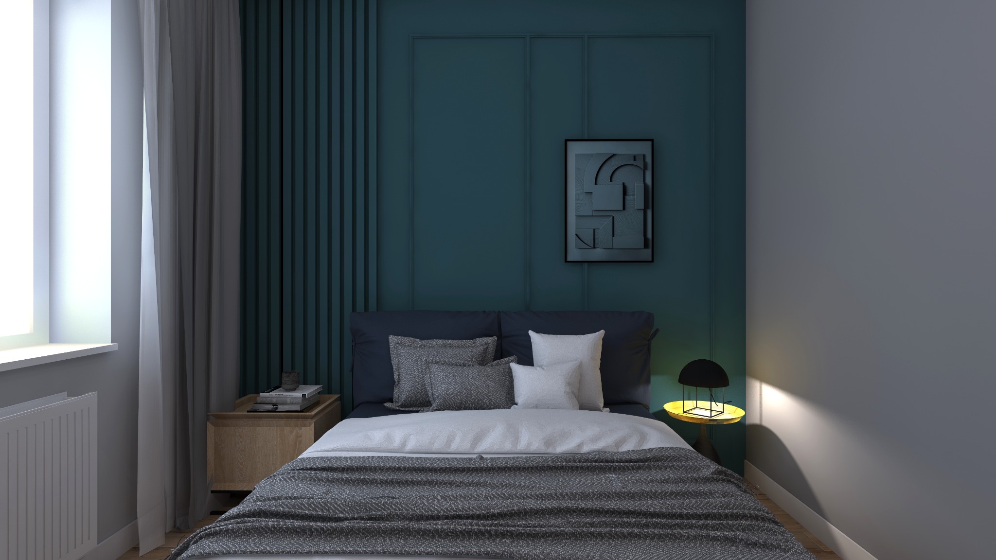 Nowoczesna sypialnia z łóżkiem z szarą narzutą w jodełkę, ciemnoniebieską ścianą z ramami, abstrakcyjnym obrazem, lampką nocną z żółtym blatem i zasłonami wpadającymi do pokoju przez okno.
