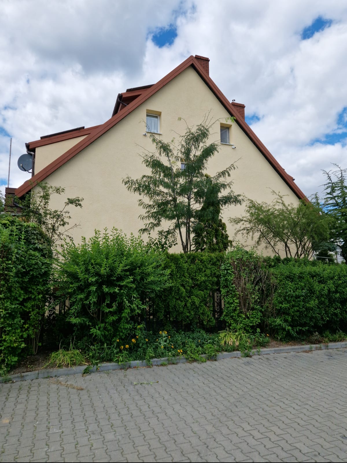 Dwupiętrowy dom z kremową elewacją i brązowym dachem, częściowo zasłonięty bujną zielenią krzewów i drzew, widziany z poziomu brukowanej ulicy w pochmurny dzień.