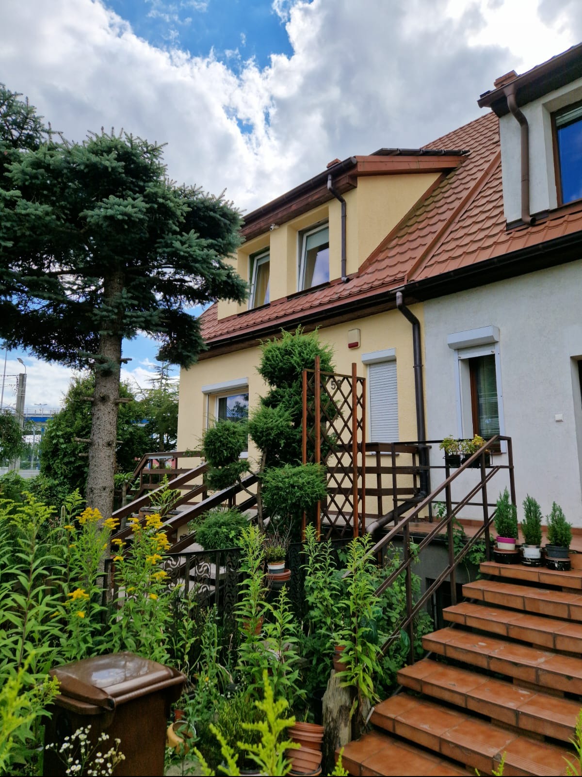 Dwu segmentowy dom bliźniak z żółtą i białą elewacją, brązową dachówką, schodami wejściowymi wyłożonymi terakotą oraz bujną zielenią w ogrodzie.